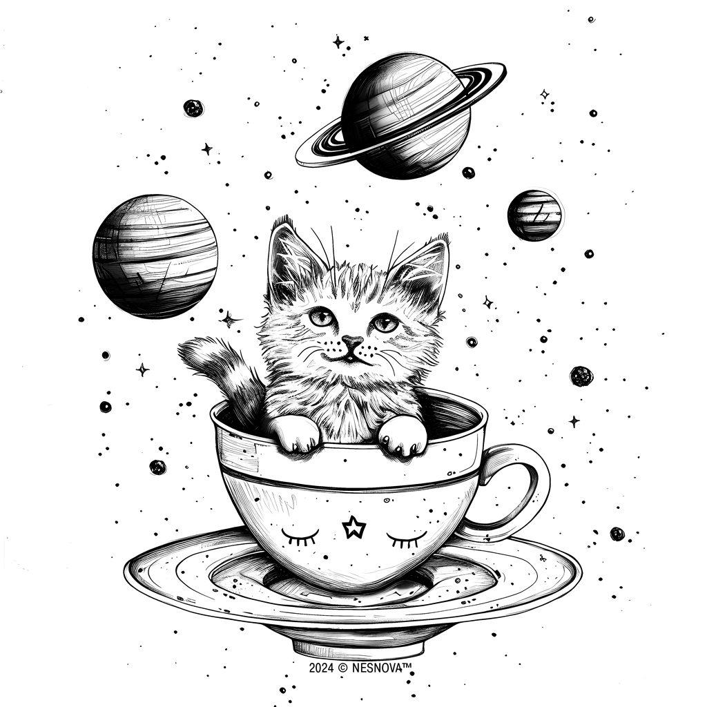 Кот в чашке на фоне космоса и планет