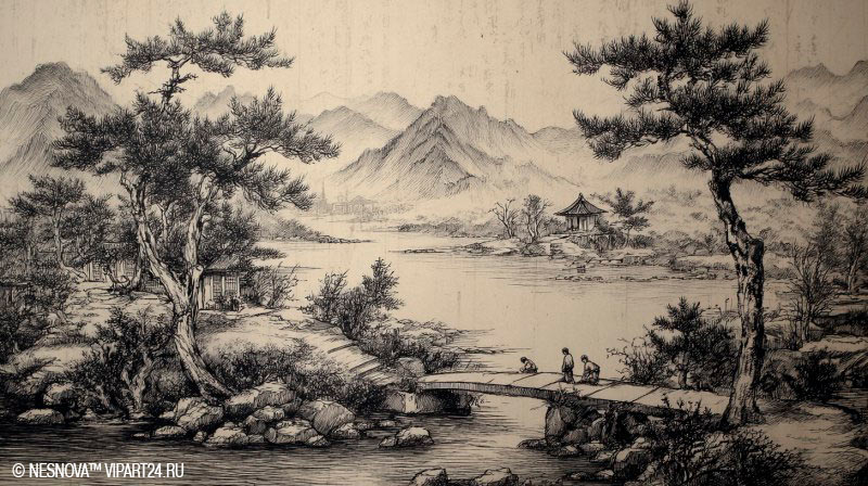 Корея. Пейзаж, гравюра