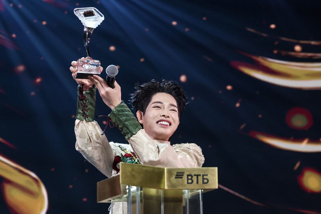 Singer Duc Phuc representing Vietnam celebrates victory in the final of the Intervision 2025 International Song Contest at the Live Arena Concert Hall near Moscow, Russia, September 20, 2025. Valery Sharifulin/TASS Host Photo Agency for the Intervision Contest /
