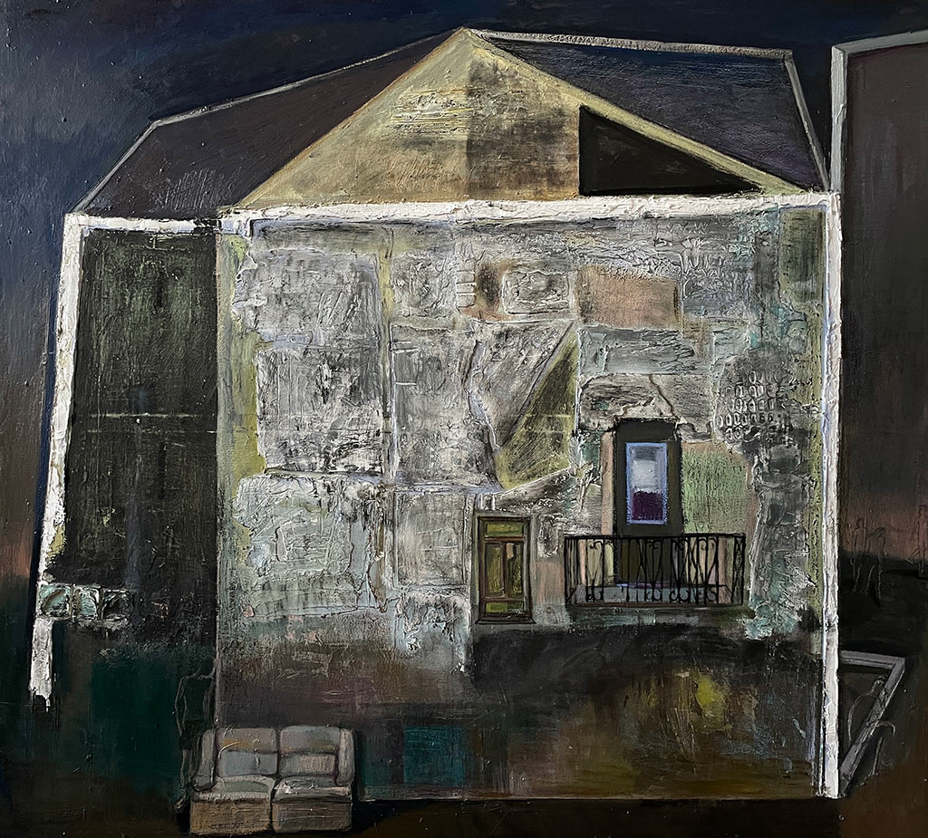 Виктория Митяева. Черный дом. Снаружи. 2025. Холст, смешанная техника, 140х155 см. Мастерская Евгении Вороновой