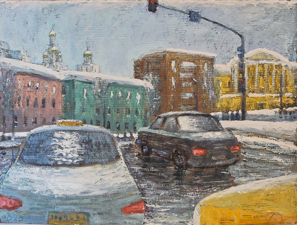 Петр Бронфин. Съезд на Хохловку. 2025. Гофрокартон, масло, 75х96 см