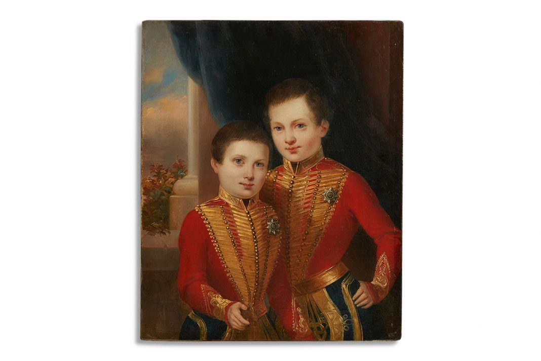 Неизвестный русский художник. Великие князья Александр и Михаил Николаевичи, дети Николая I, в форме лейб-гвардии Гусарского полка.